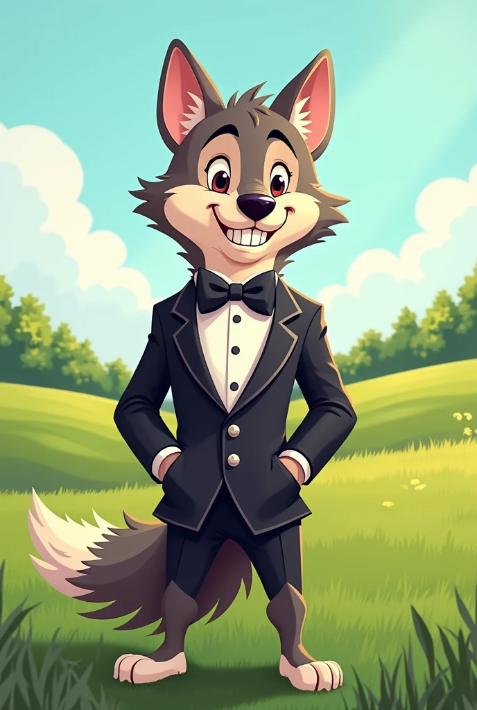 Cartoon wolf wearing a toxido with plains background