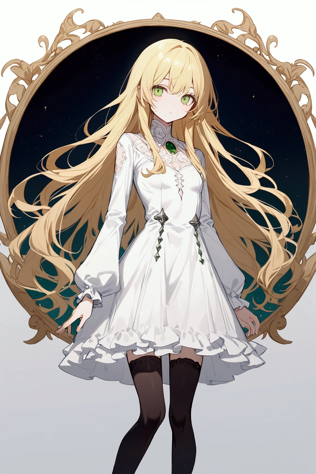 Ball-jointed, 1 woman, alone, white dress, long sleeves ,long hair, blond hair, Green eye, looking at viewer, whole body, small breasts, expressionless, black stockings, White shoes