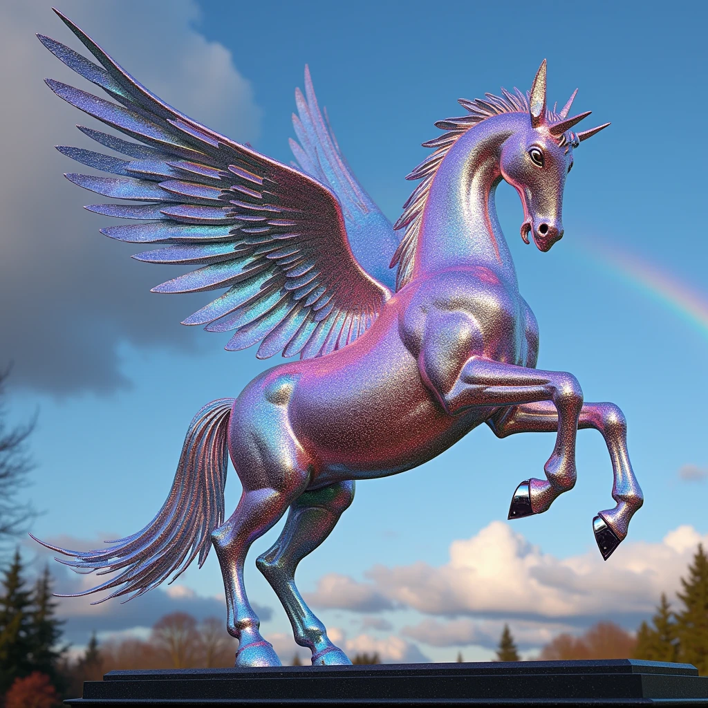 Pegasus sculpture with open wings made out of sparkling shiny prism christals. rainbow in the background