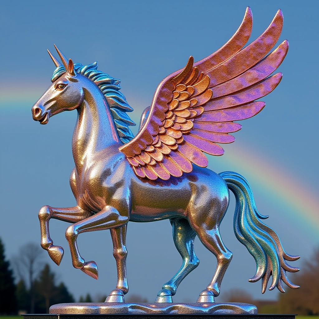 Pegasus sculpture with open wings made out of sparkling shiny prism christals. rainbow in the background