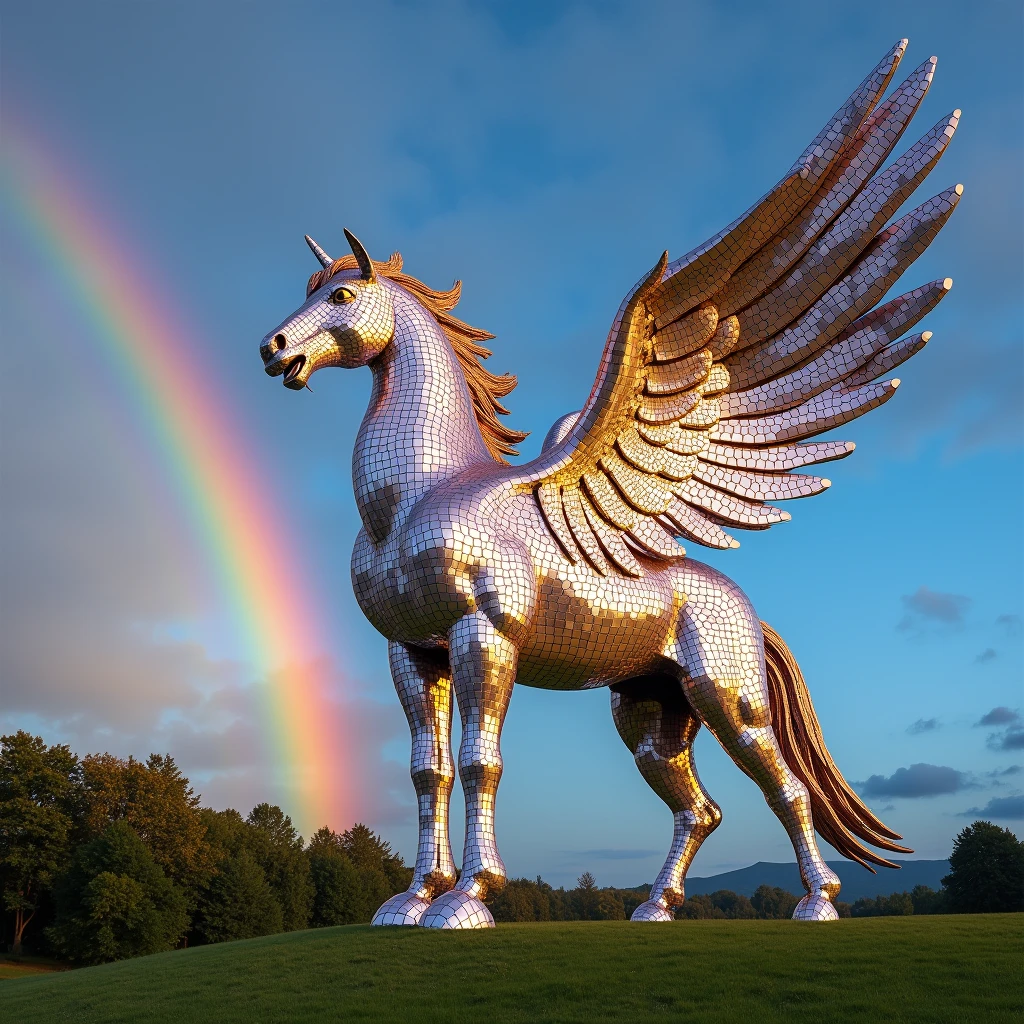 Pegasus sculpture with open wings made out of sparkling shiny prism christals. rainbow in the background