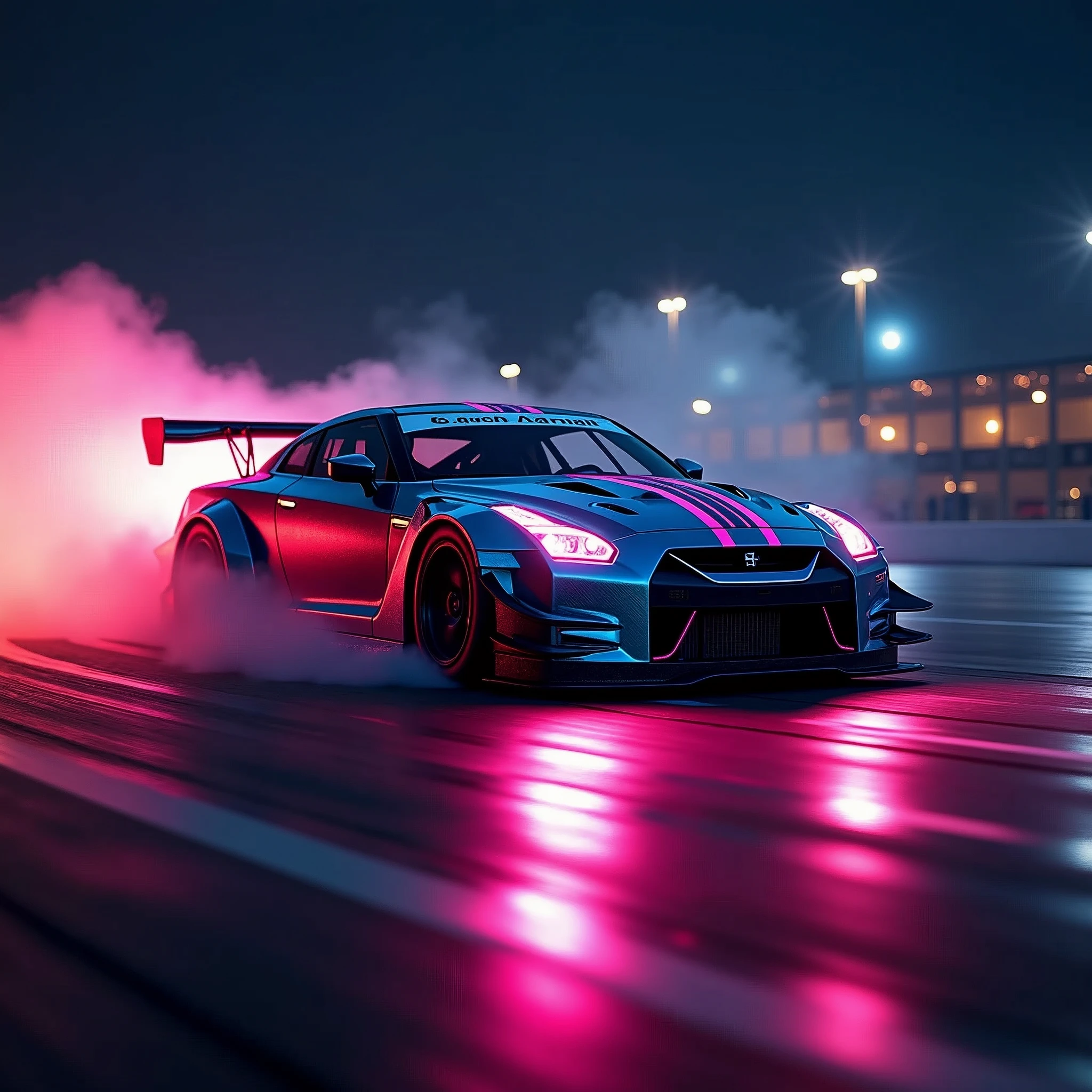 (masterpiece, best quality, ultra-detailed, 8K), race car, street racing-inspired,Drifting inspired, LED, ((Twin headlights)), (((Bright neon color racing stripes))), (Black racing wheels), Wheelspin showing motion, Show car in motion, Burnout, wide body kit, modified car, racing livery, masterpiece, best quality, realistic, ultra highres, (((depth of field))), (full dual colour neon lights:1.2), (hard dual color lighting:1.4), (detailed background), (masterpiece:1.2), (ultra detailed), (best quality), intricate, comprehensive cinematic, magical photography, (gradients), glossy, Night with galaxy sky, Fast action style, fire out of tail pipes, Sideways drifting in to a turn, Neon galaxy metalic paint with race stripes, GTR Nismo, NSX, Porsche, Lamborghini, Ferrari, Bugatti, Ariel Atom, BMW, Audi, Mazda, Toyota supra, Lamborghini Aventador, aesthetic,intricate, realistic,cinematic lighting, Neon Paint, streaks of fire,c_car