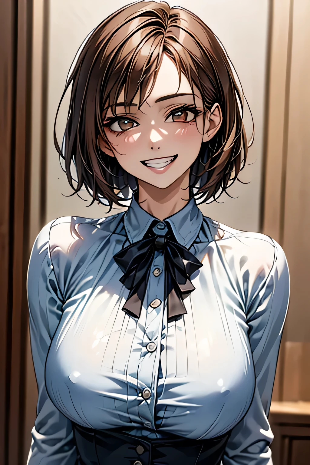 ((masterpiece)), ((Highest quality)), ((Complex)), ((Surreal)), (Realistic), (Mature Woman), ((There are no classes)), Very detailed, (1 female), Beautiful and exquisite, (Beautiful Teeth), Grin, Brunette bob hair, Brown eyes, ((blouse)), (Upper Body), (background:none), Perfect Eyes, Captivating eyes, Looking at the audience