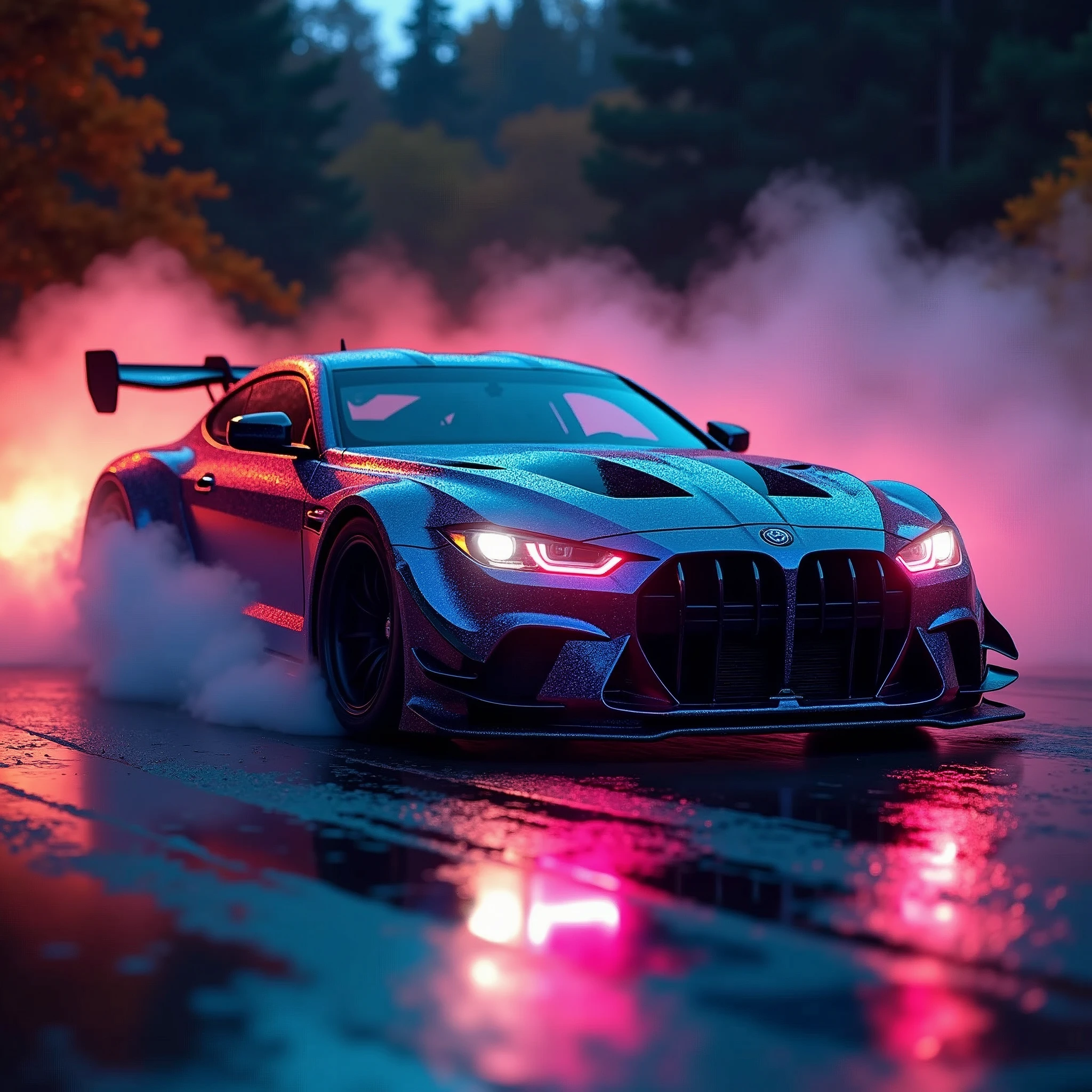 (masterpiece, best quality, ultra-detailed, 8K), race car, street racing-inspired,Drifting inspired, LED, ((Twin headlights)), (((Bright neon color racing stripes))), (Black racing wheels), Wheelspin showing motion, Show car in motion, Burnout, wide body kit, modified car, racing livery, masterpiece, best quality, realistic, ultra highres, (((depth of field))), (full dual colour neon lights:1.2), (hard dual color lighting:1.4), (detailed background), (masterpiece:1.2), (ultra detailed), (best quality), intricate, comprehensive cinematic, magical photography, (gradients), glossy, Night with galaxy sky, Fast action style, fire out of tail pipes, Sideways drifting in to a turn, Neon galaxy metalic paint with race stripes, GTR Nismo, NSX, Porsche, Lamborghini, Ferrari, Bugatti, Ariel Atom, BMW, Audi, Mazda, Toyota supra, Lamborghini Aventador, aesthetic,intricate, realistic,cinematic lighting, Neon Paint, streaks of fire,c_car