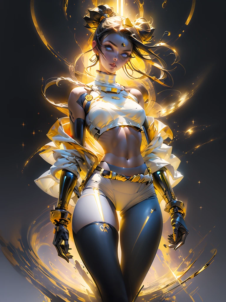 ((masterpiece, top quality, super definition, high definition)), solo, beautiful girl, shining eyes, perfect eyes, black crop top, black high heels, white booty shorts, crown, space buns, thigh high, gold anklet, five fingers, gold in hand, red eyes, fingers of the hand five, adult.