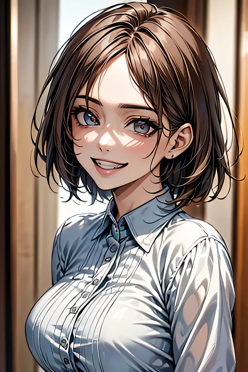 ((masterpiece)), ((Highest quality)), ((Complex)), ((Surreal)), (Realistic), (Mature Woman), ((There are no classes)), Very detailed, (1 female), Beautiful and exquisite, (Beautiful Teeth), Grin, Brunette bob hair, Brown eyes, ((blouse)), (Upper Body), (background:none), Perfect Eyes, Captivating eyes, Looking at the audience