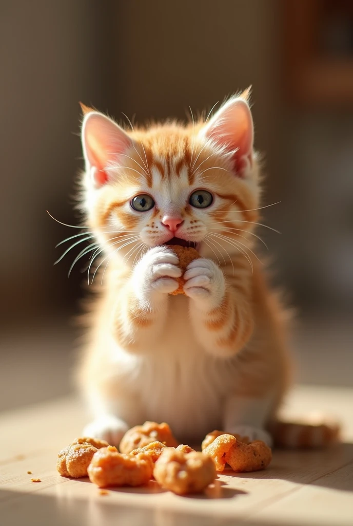 The kitten is eating food、 "Delicious delicious delicious"  is written in large letters on the screen,