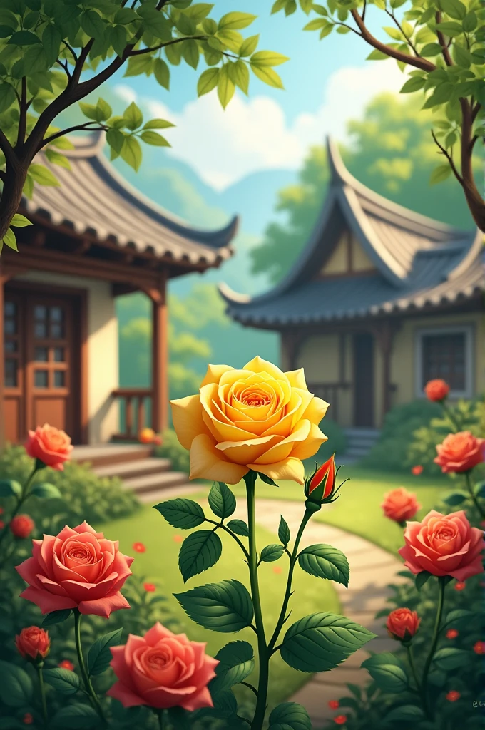 Nature village backyard..red jasmin garden.. middle of one yellow rose