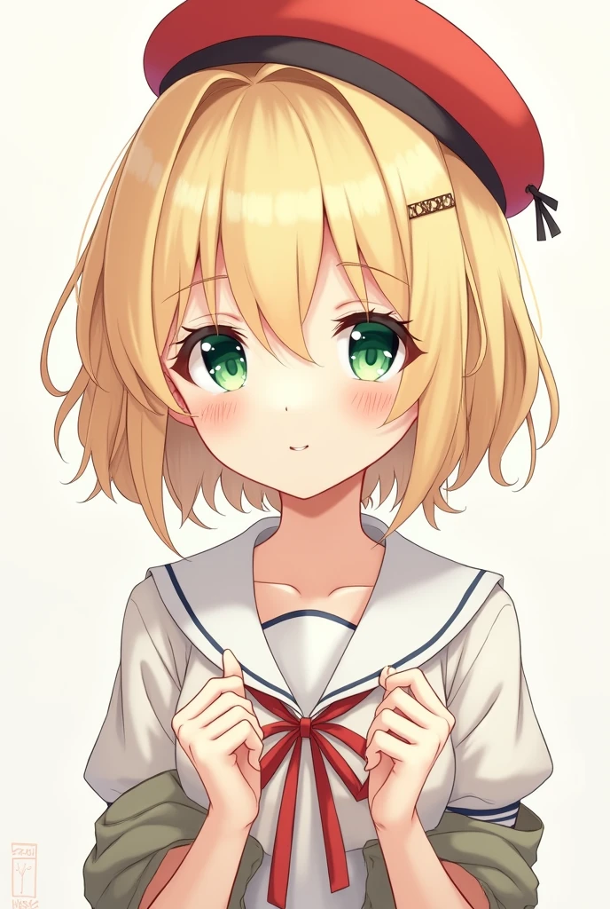Shigure Uigirlsololooking at camerablushshort hairsimple backgroundshirtblonde hairlong sleeveshair ornamenthatclosed mouthgreen eyesjacketstudent uniformwhite shirtupper bodybraidssailor collarribbontie bird red beret Brown hair with a striped jacket Hands are angled