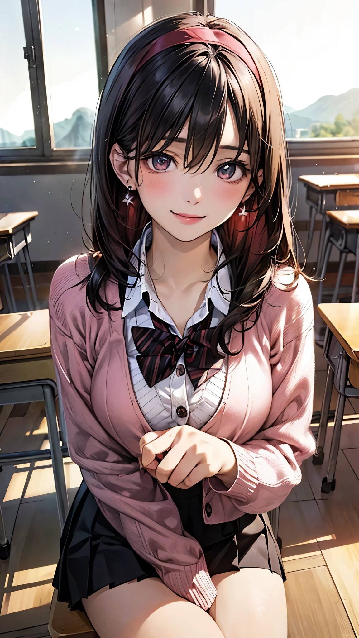 (masterpiece:1.2, highest quality), (realistic photo:1.4), beautiful illustrations, (natural side lighting, movie lighting), 
looking at the viewer, (((pov across table))), 1 girl, japanese, high school girl, perfect face, cute symmetrical face, shiny skin, baby face, 
(long hair, straight hair, black hair), hair between eyes, maroon eye idol chest, seductive thighs, big ass), earrings, break (dark red hairband, dark red flat bow tie), break
beautiful hair, beautiful face, detailed and beautiful eyes, beautiful clavicle, beautiful body, beautiful breasts, beautiful thighs, beautiful feet, beautiful fingers, slender, 
(white collared shirt, long sleeve pink knit cardigan, black pleated mini skirt, ), 
(beautiful scenery), evening, (school classroom:1.2), (school desk, elbows on table), (cute smile, upper eye), 