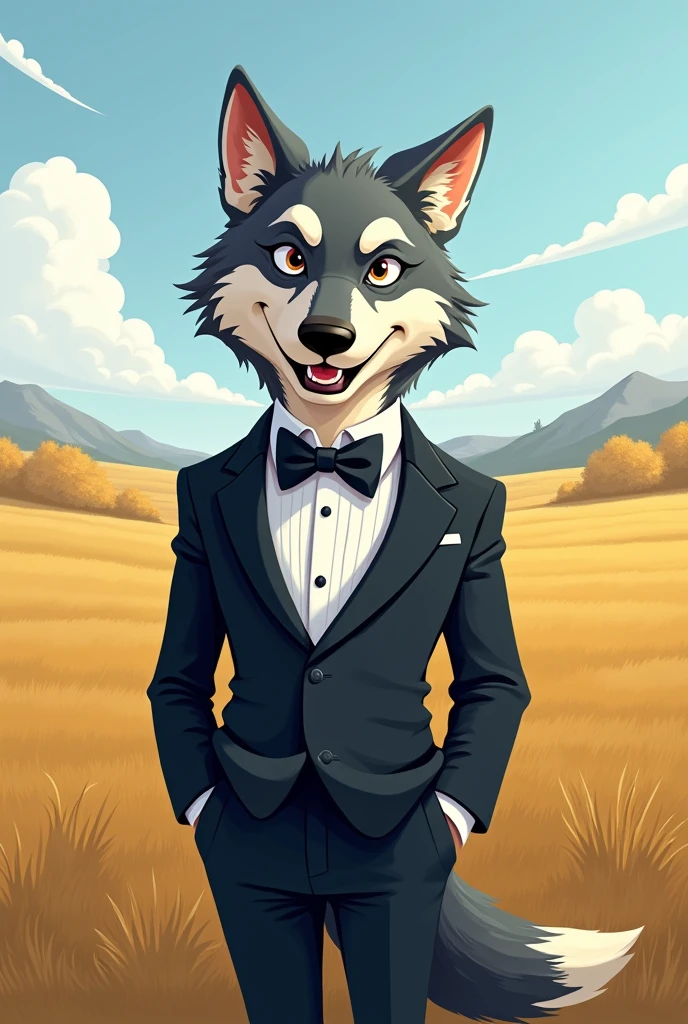 Cartoon wolf wearing a toxido with plains background