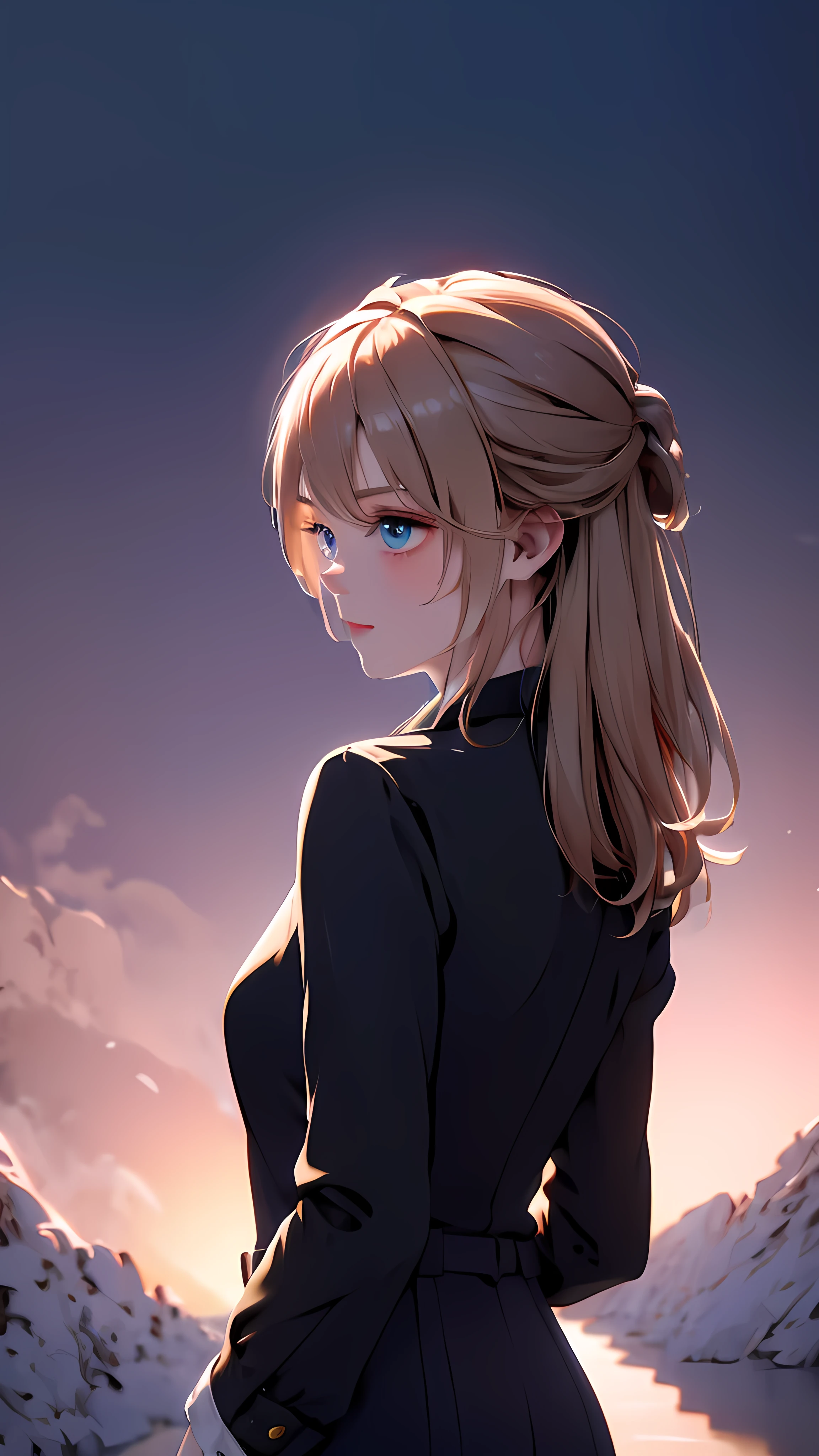 1 girl, medium light gold hair, light blue eyes, wearing black suit 4D, night city, absurdres, high res, ultrasharp, 8K, masterpiece, looking from behind