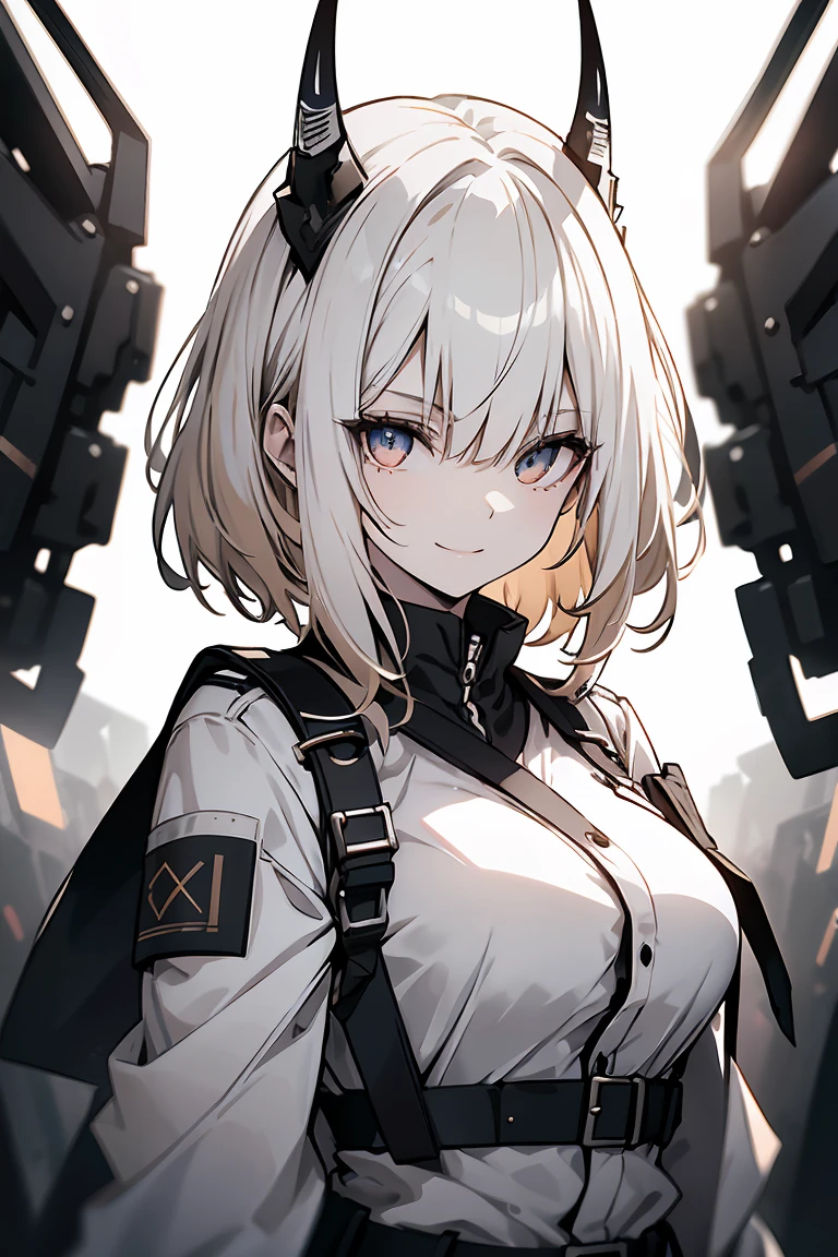One Girl, whole body, White one-piece military uniform, (Tabletop:1.2, Highest quality), (Beautiful, detailed eyes: 1.2), (Beautifully detailed face), High Contrast, (Best lighting from the front, Very delicate and beautiful、Front lighting), ((Cinematic Light)), Dramatic Light, very orange eyes, Large Breasts, Belt under the chest, White military uniform, White Skirt,Blonde, Black tie, (Pale white background:1.5), Wolf Cut Hair, Look at me and smile,horn、Front lighting、Illuminate the face、light source
