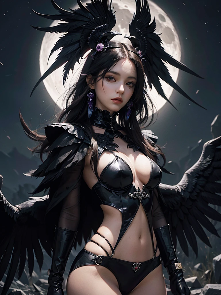 A dark harlequin with raven wings stands against the moon 