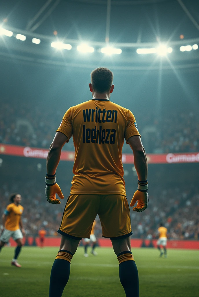 A goalkeeper struggling written leehleza on his back