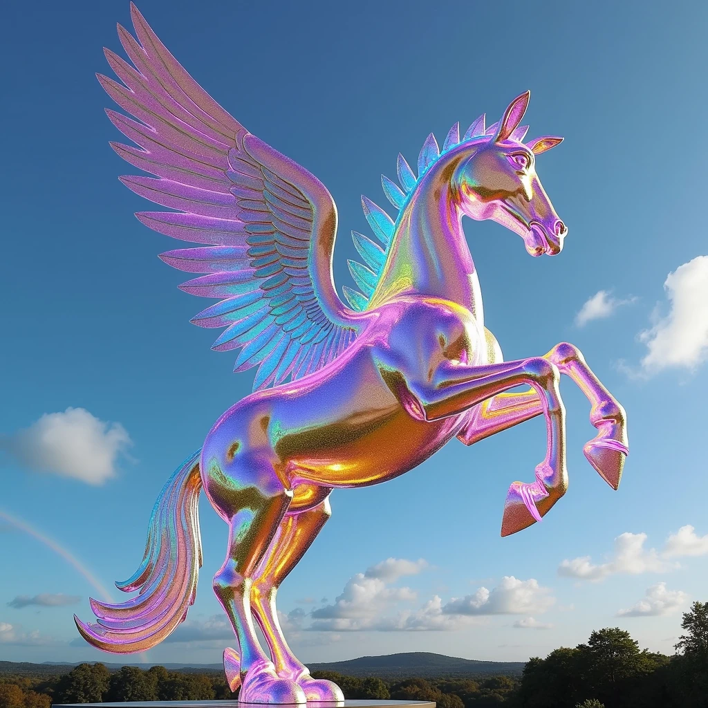 Pegasus sculpture with open wings made out of sparkling shiny prism christals. rainbow in the background