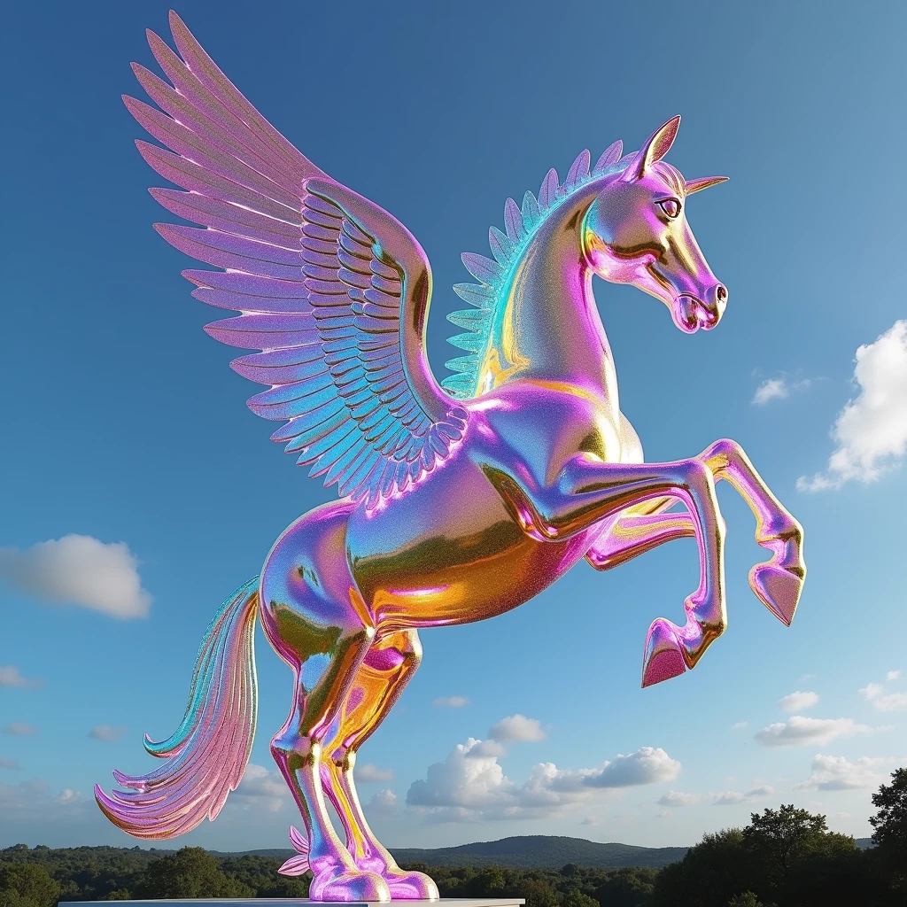 Pegasus sculpture with open wings made out of sparkling shiny prism christals. rainbow in the background