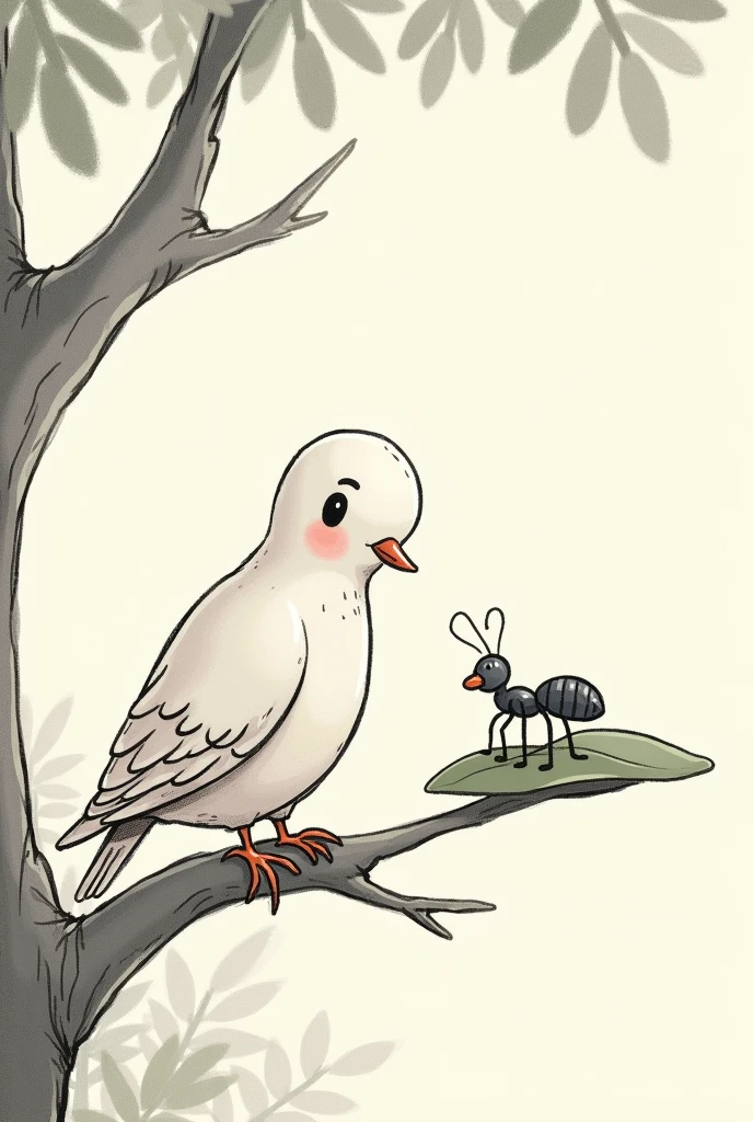 Generate cartoon Sketch picture of a dove sitting on a branch of tree where ant gets on a leaf