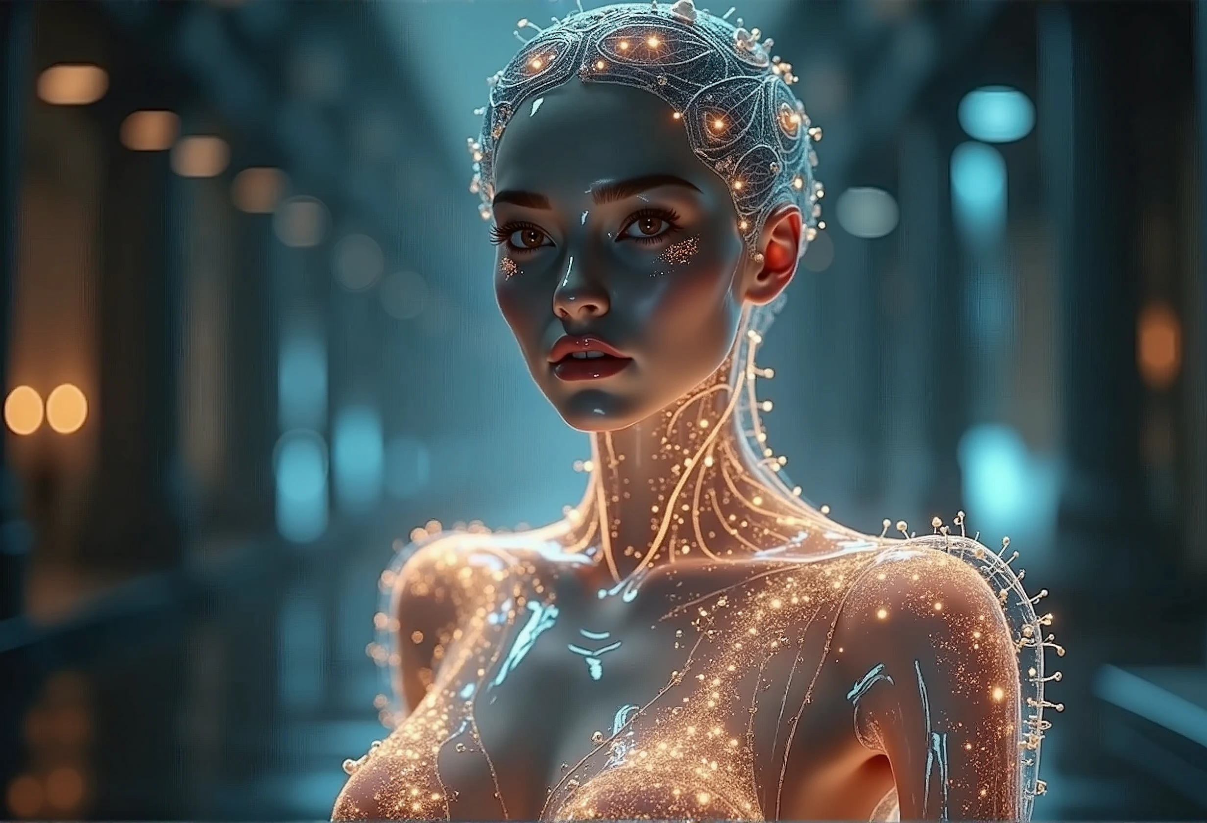 ((Waist shot)), craft a hyper realistic vertical photo of most attractive transparent crystal glass girl with neon light, body made out of glass, intricate beauty, bioluminescence, blue veins, detailed eyes, sparkling, reflections, (translucent), elegant, simple background, dim light, volumetric lighting, hyper realistic, blurry foreground, blurry background, (bloodborne:1.1),