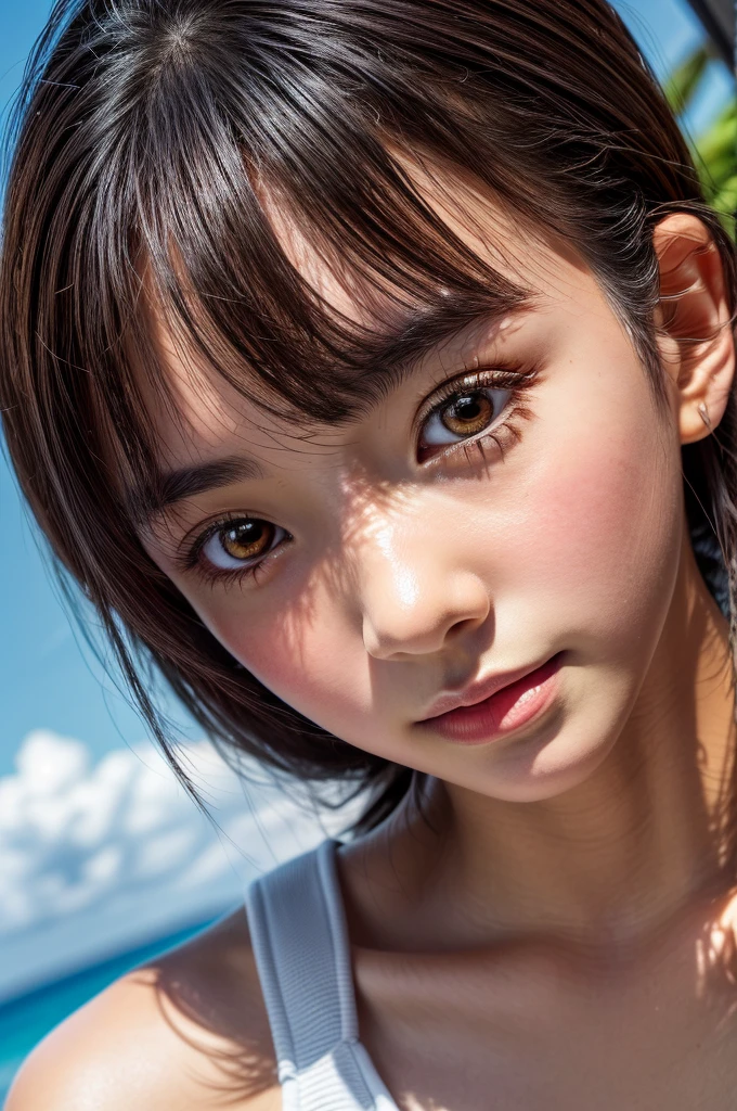 One Girl,(1人のとてもcute女の子:1.3),masterpiece,Highest quality,High resolution,From below,Low - Angle,Photorealistic,RAW Photos,Ray Tracing,Physically Based Rendering,beautiful girl,(12 years old:1.3),cute,Big eyes,(detailed pupils:1.2),(The face is facing straight ahead:1.3),Body facing forward,Beautiful nose,High nose,Upturned nose,Fuller lips,Short black hair,ponytail,short hair,Detailed eyelashes,Thin eyebrows,Very fine grain definition,(Symmetrical eyes,Golden Ratio:1.3),(Face close-up,Face Focus:1.0),Small breasts,Short neck,White swimsuit,White Bikini,Ocean,Southern Island,Blue sky,White cloud,Portrait,View Viewer,Upper Body,Cinema Lighting,High resolution,Very detailed