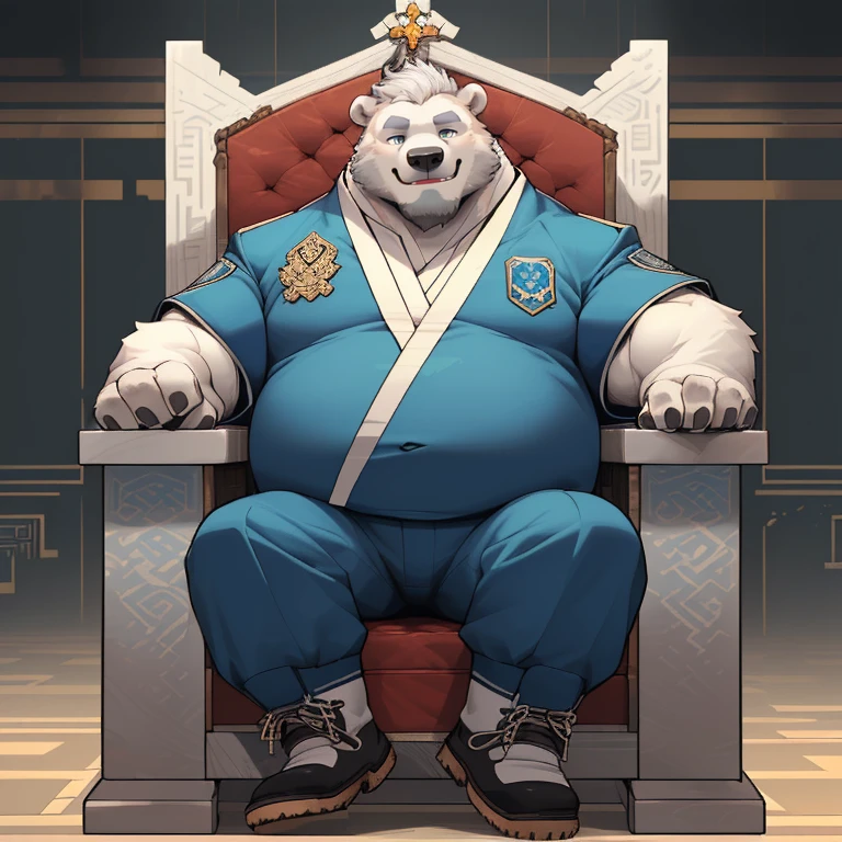 masterpiece, best quality, 8k resolution, Very detailed, hairy,(((Polar Bear)),(((Mature))),(((beard))),(((Strong))),(((White hair all over body))),(((portrait))),(((White hair))),(((Minister))),For the audience,(((Wearing Hanfu))),(((sit in a king chair))),(((Smile))),Highest quality scene,Solitary,solitary,(((whole body))),(((Playful))),(((Rest your chin))),((( Wearing footwear))),(((Wearing a blue dynasty uniform))),(((Imperial Court Background))),((Fat-enclosed muscle)),(((Round face))),(((alone))),(((Tall body))),(((Hip bulge))),(((giant tall))),fur belly,handsome