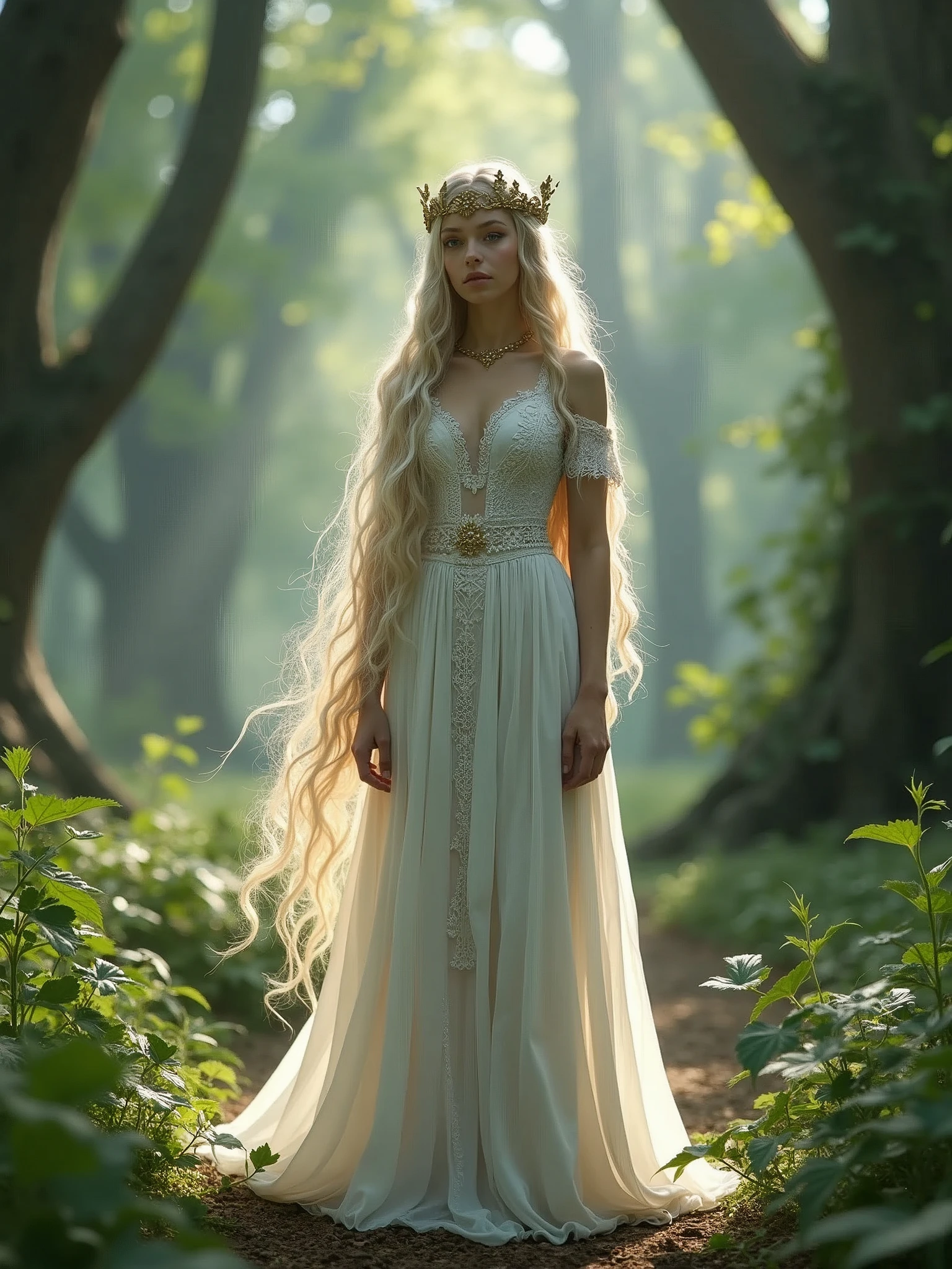 a woman in a white dress standing in a forest, neat intricate braided hair, sofya emelenko, flowing mane, elsa, celtic designs, photo of a model, with an intricate, photorealistoc, female elfling, radiant backlighting, intricate crown, by Louisa Puller, elf