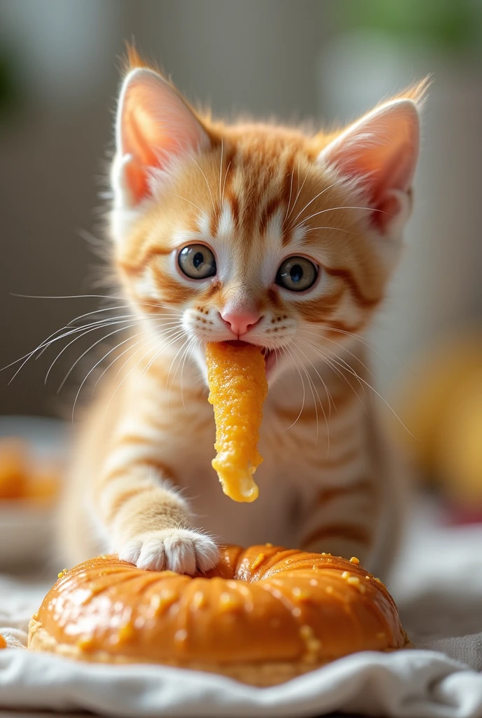 The kitten is eating food、 "Delicious delicious delicious" is written in large letters on the screen,