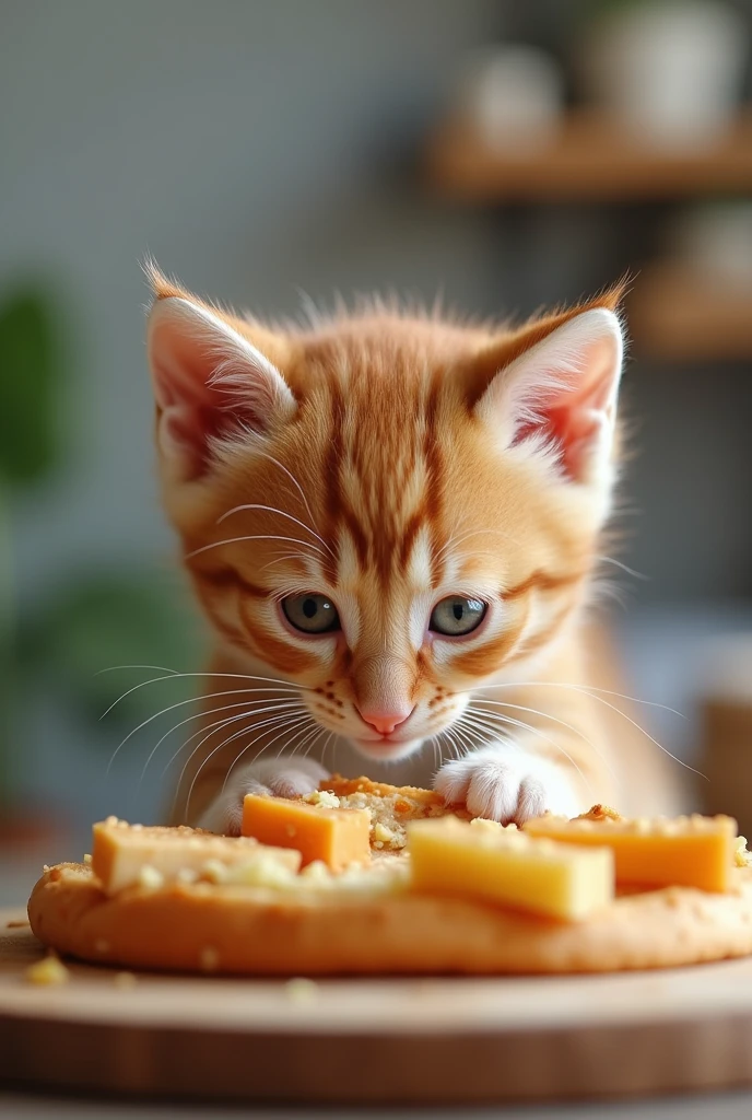 The kitten is eating food、 "Delicious delicious delicious"  is written in large letters on the screen,
