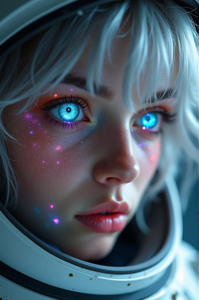 (Close-up of a better masterpiece:1.5)0.9], (Space and astronauts:1.2) (Messy silver hair:1.1) (Heterochromia xanthochromia and blue eyes:1.2) (Space Helmet:1.0) (Colored stars in the eyes:1.0) (A radiant glow:1.1) (thick lips:0.9)