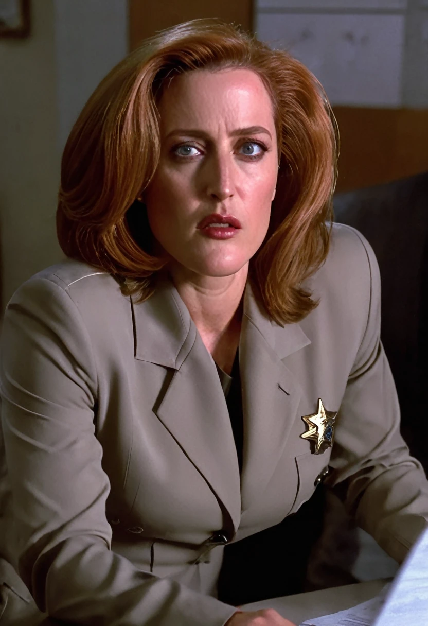 Gillian Anderson as Dana Scully, long hair, wearing an FBI uniform, standing with hands resting on a table, looking at the viewer, fucking hard, open legs, squirting hard, anal fuck with a terminator, orgasm face, angry fuck, in a office, at night