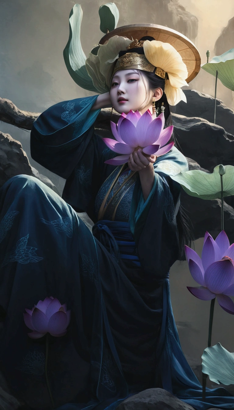 Ancient Chinese beauty sitting on stone, wearing ancient Chinese costume, flowing blue tulle, light silk, lazy pose, large lotus leaves, lotus flowers, ink painting style, clean colors, decisive cutting, white space, freehand, masterpiece, super detailed, epic composition, is real