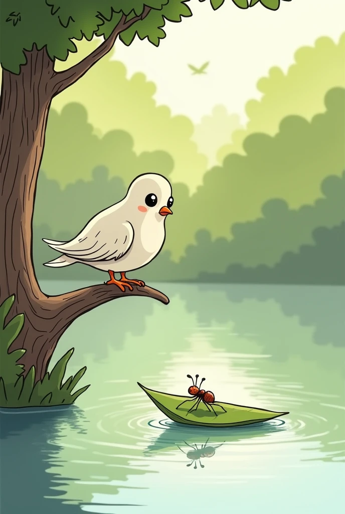 Generate  cartoon Sketch picture of a dove sitting on a branch of tree where ant gets on a leaf in the lake