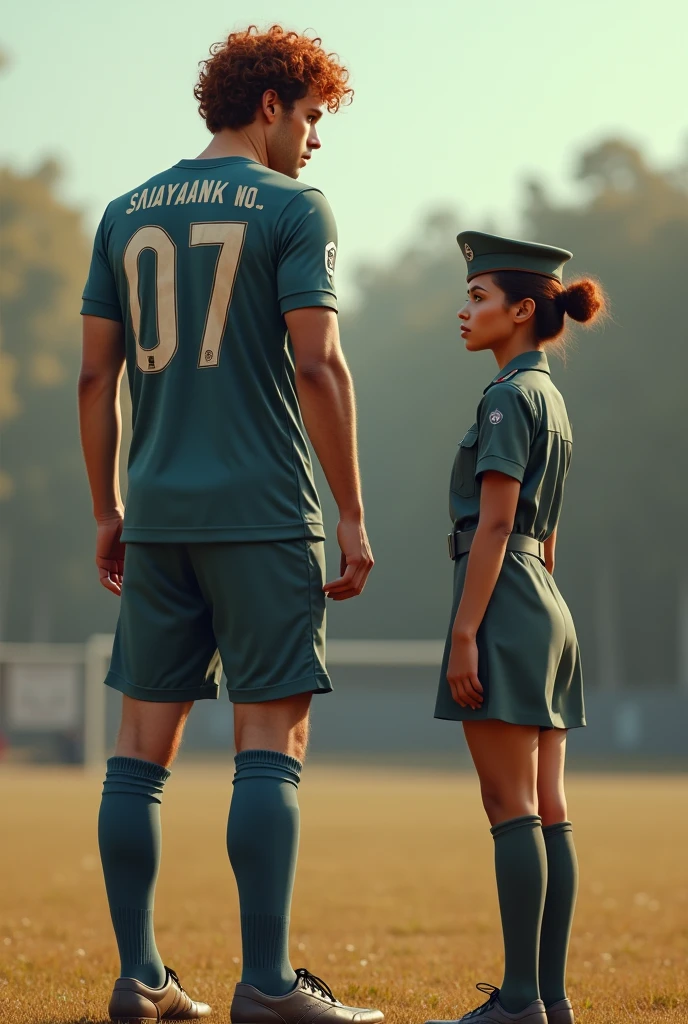 A boy with curly hair, 7 feet tall and fair skin who's a footballer wearing shayaank no.07 jersey facing behind With his sister who is 5'6 feet tall, light brown skin who's a Indian soldier wearing cap or Baret facing front (girl in long pants, soldier's uniform look and boy in proper football wear) both of same age around 20 r adults , (both facing opposite direction 45° facing backs toward each other)