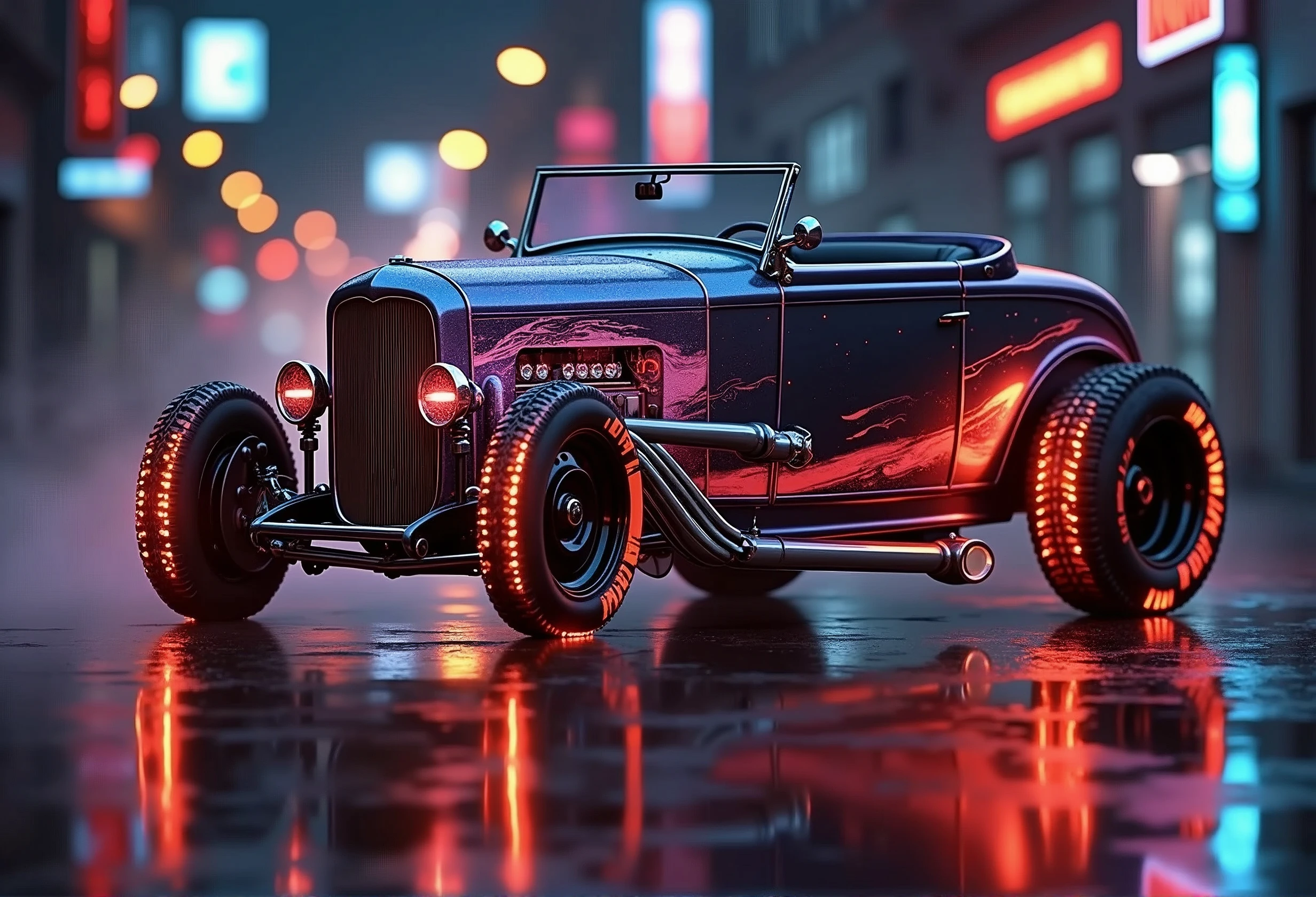 (masterpiece, best quality, ultra-detailed, 8K), 1932 Ford Roadster Hot Rod, street racing-inspired,Drifting inspired, LED, ((Twin headlights)), (((Bright neon color racing stripes))), (Black racing wheels), Wheelspin showing motion, Show car in motion, Burnout, wide body kit, modified car, racing livery, masterpiece, best quality, realistic, ultra highres, (((depth of field))), (full dual colour neon lights:1.2), (hard dual color lighting:1.4), (detailed background), (masterpiece:1.2), (ultra detailed), (best quality), intricate, comprehensive cinematic, magical photography, (gradients), glossy, Night with galaxy sky, Fast action style, fire out of tail pipes, Sideways drifting in to a turn, Neon galaxy metalic paint with race stripes, aesthetic,intricate, realistic,cinematic lighting, Neon Paint, streaks of fire,