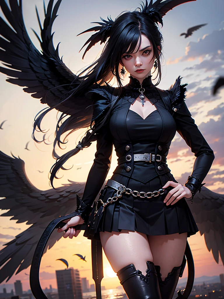 A dark harlequin with raven wings stands against the moon , Punk style
