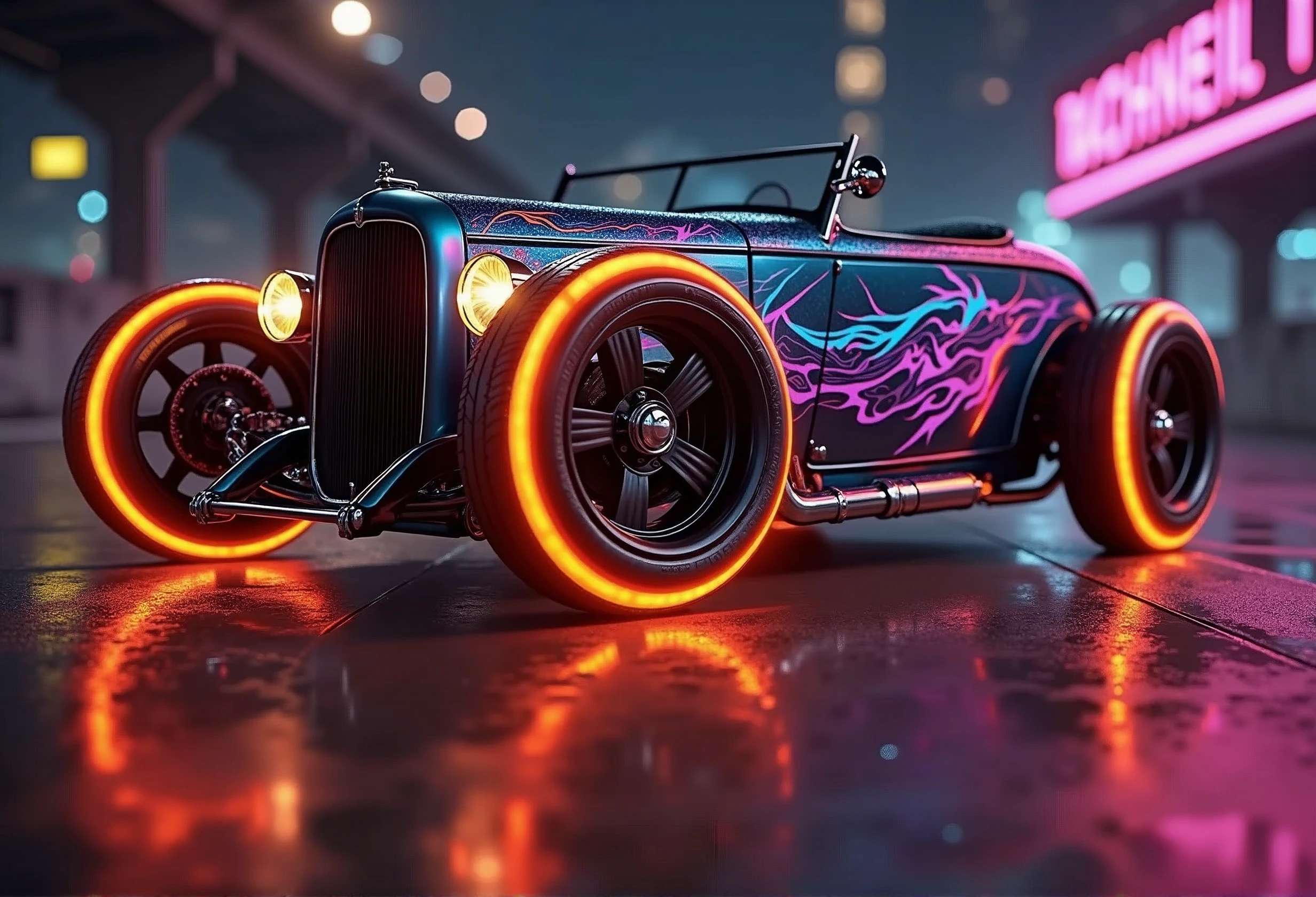(masterpiece, best quality, ultra-detailed, 8K), 1932 Ford Roadster Hot Rod, street racing-inspired,Drifting inspired, LED, ((Twin headlights)), (((Bright neon color racing stripes))), (Black racing wheels), Wheelspin showing motion, Show car in motion, Burnout, wide body kit, modified car, racing livery, masterpiece, best quality, realistic, ultra highres, (((depth of field))), (full dual colour neon lights:1.2), (hard dual color lighting:1.4), (detailed background), (masterpiece:1.2), (ultra detailed), (best quality), intricate, comprehensive cinematic, magical photography, (gradients), glossy, Night with galaxy sky, Fast action style, fire out of tail pipes, Sideways drifting in to a turn, Neon galaxy metalic paint with race stripes, aesthetic,intricate, realistic,cinematic lighting, Neon Paint, streaks of fire,