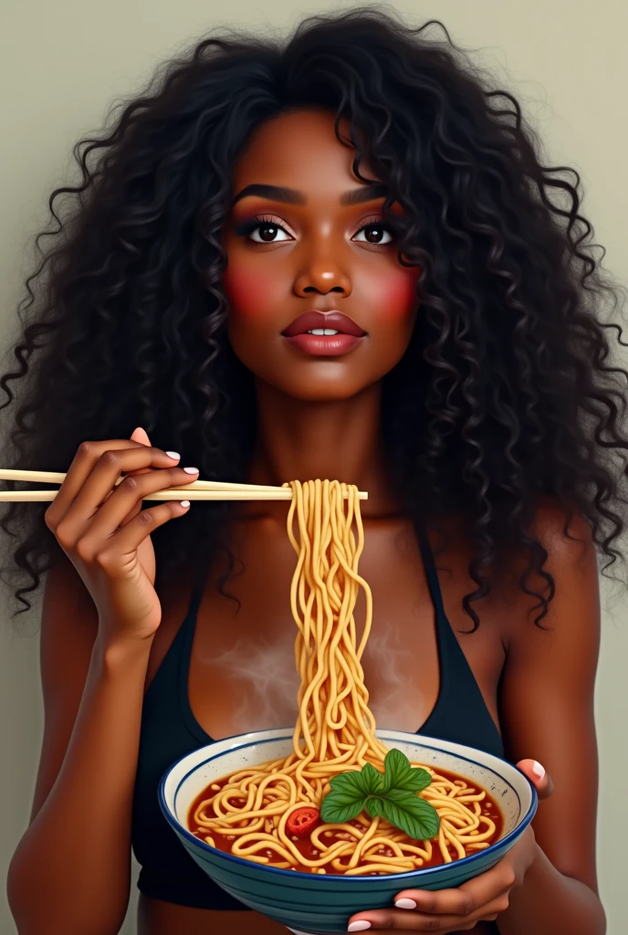 there is a black woman , the woman has curly black , she has brown skin, with dark brownish skin, with long curly, long black curly hydrated bouncy curls hair she has ramen noodles I front of her and she is holding the chopsticks 🍜