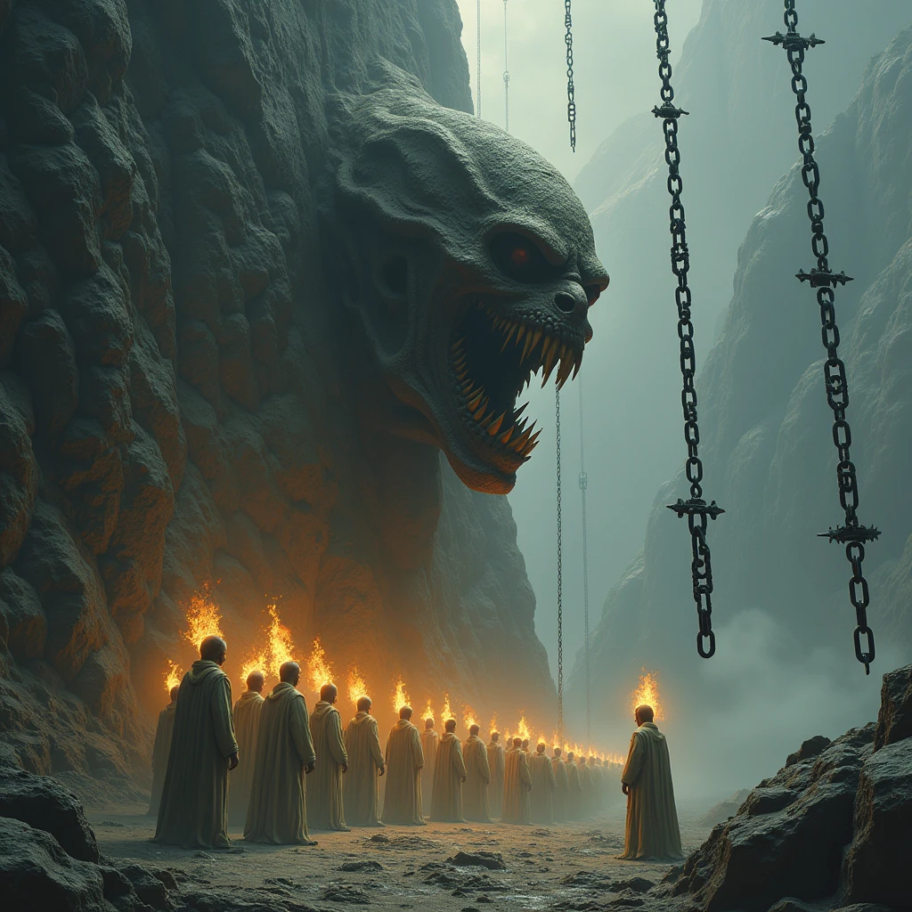 Monster head coming out of mountain , People in priest&#39;s clothing with fire on their heads , sideways, chains hanging from the heavens 