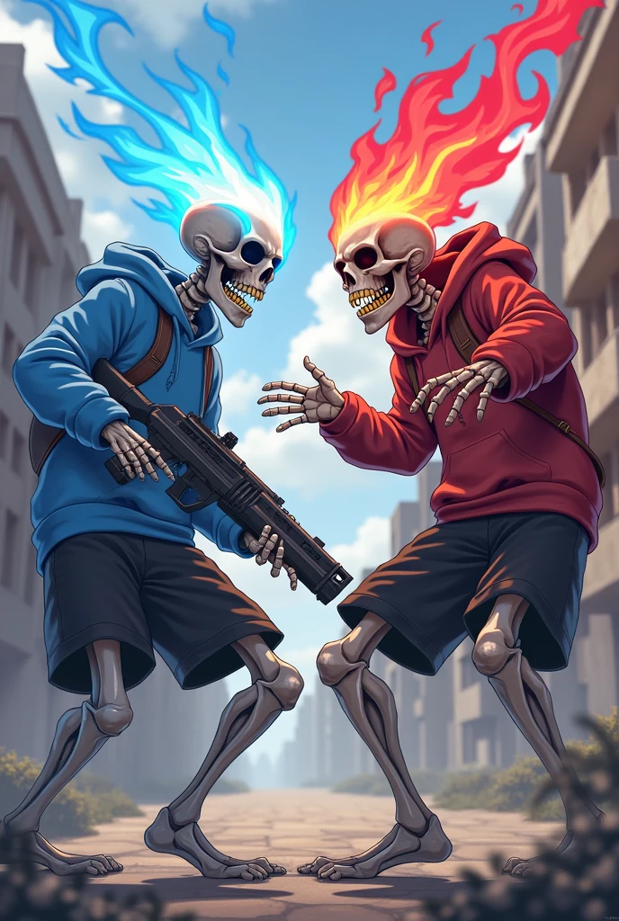 Bone, bipedal, blue hoodie, black shorts, realistic anime-like, blue flame from one eye, pink slippers, another bone, bipedal, red hoodie, black pants, teeth1Gold-colored, black shoes, red flames coming from one eye, fighting with a bone blaster