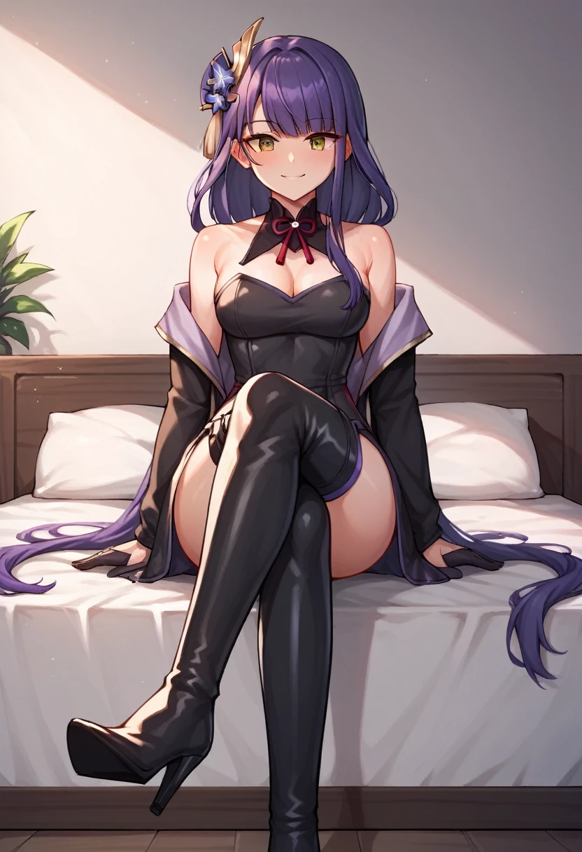 score_9, score_8_up, score_7_up, score_6_up, score_5_up, score_4_up, source_anime, 1girl,lora:raidenshogun1-000009:1>, raidenshogundef, upper body, sexy smile, bed, purple hair, hairpins, brown eyes, long hair, leater jacket, black dress, pants, thigh high boots, heels, black boots, crossed legs, leather gloves, room, best quality, best res, 4K UHD,
 