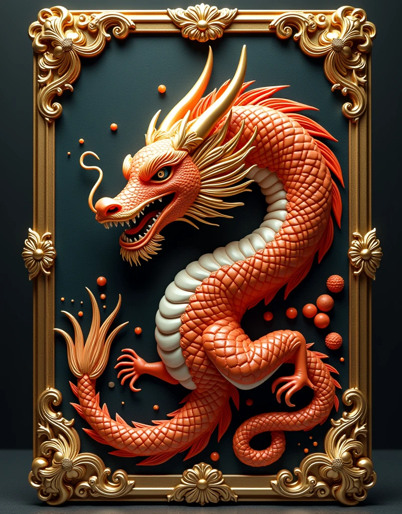 this is a futuristic card game toy, 1 card, (((card with full LCD screen))), card frame with golden baroque decoration like a prestigious book, (displayed on screen 64x64 pixel art of an oriental dragon), (masterpiece, 4K, highest quality: 1.9, perfect anatomy: 2.0, high resolution, perfect (bright lighting, clearly drawn face, detailed body),