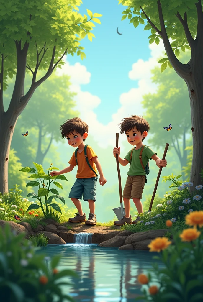 Save environment scenery with two boys saving the environment