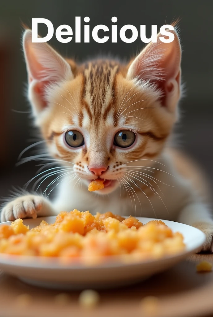 The kitten is eating food、 "Delicious "  is written in large letters on the screen,