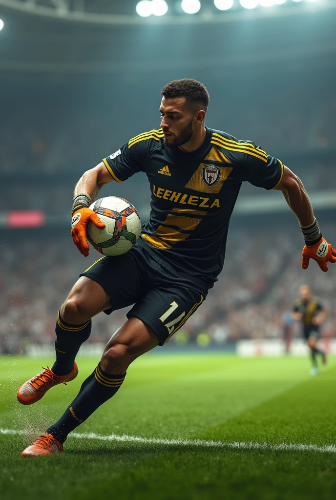 A goalkeeper struggling holding a ball written LEEHLEZA on his back