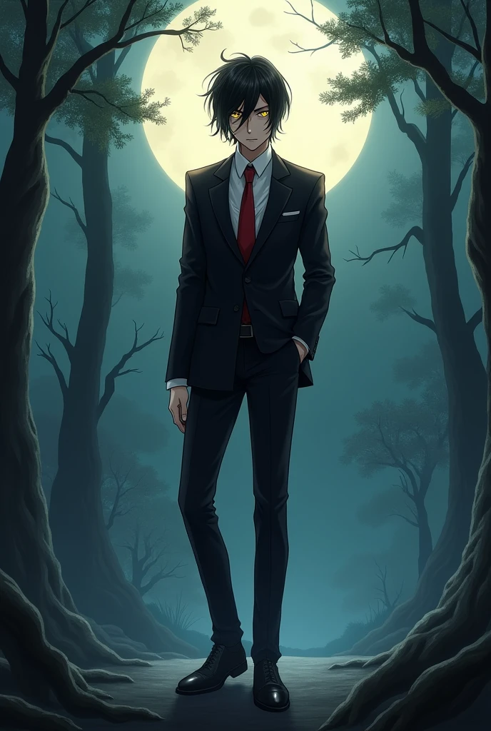 A handsome anime boy character who has black Akutagawa style hair with bangs in a burnedead mashle style suit with yellow eyes, black shoes and a white shirt with a red tie and black pants that looks bad and dangerous with a background of a forest with fog and bright moonlight 
