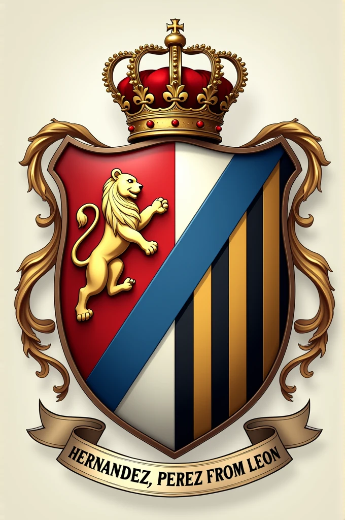 a shield divided into three vertical sections. In the first section (left), Place a golden rampant lion on a red background to represent "From Leon". In the middle section, uses a white field with a diagonal blue band, adding details to symbolize "Perez". In the right section, shows black and gold stripes for "Hernandez". Add a motto below the shield that says "Hernandez Perez From Leon" and over all this places a crown