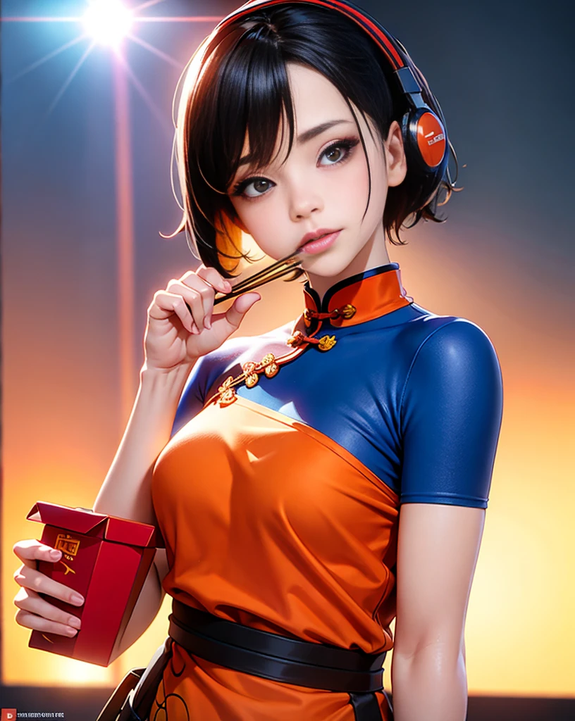 Realistic, 8k, masterpiece, RAW Photos, Highest quality, Realistic, Highly detailed CG Unity 8k wallpaper, Written boundary depth, Cinematic Light, Lens flare, Ray Tracing, Perfect lighting,short hair, (Delicate skin), (Delicate face), (Pop Background :1.1), person standing and watching、Comical movement,1 female,Supergirl Costume、Headphones,(Orange Background Padding:DV_Manuela_terrible),Modern Style,artistic,moving composition,Unique Pattern,Bold Texture,colorful,Imaginative,Whimsical,Vibrant,like々Shii,Playful,Energetic,creative,Expressive,stylish,tendency,((One Girl)),((chinese take-out box)),((Holding two short chopsticks))、