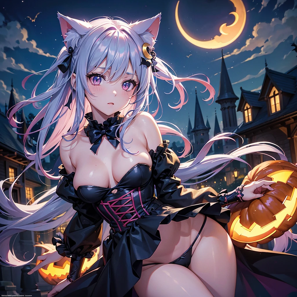 (Sky Blue Medium Hair), (Pink Eyes),(Fair skin) ,(whole body),(One Girl),(Crescent Moon),(There are many pumpkin ghosts in the background),Cat ear,(Cat costume),(Cat imitation),(Trick or Treat),Halloween Night Party),(masterpiece, Highest quality, Very detailed, Best Shadow), (Detailed Background), (Beautifully detailed face), High Contrast, (Best lighting, Very delicate and beautiful), ((Cinematic Light)), Hyper Detail,8k, Dramatic Light, Intricate details,night,Flying bats in the sky,