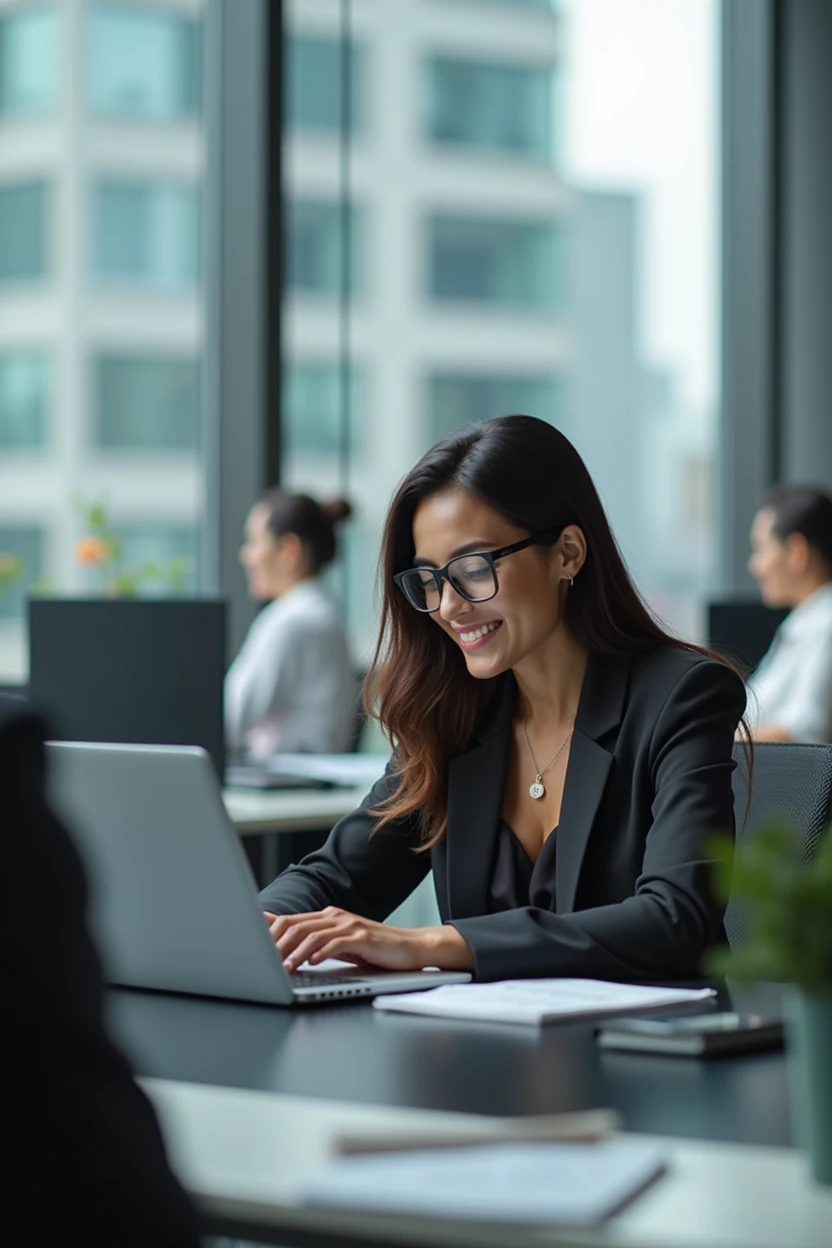 A women , black hairs , smiling , wearing glasses , well office dressed , sitting in well maintained office made of glass work at 12th floor , MacBook
using , energized and positive , side looking view and in background office worker working in a blur