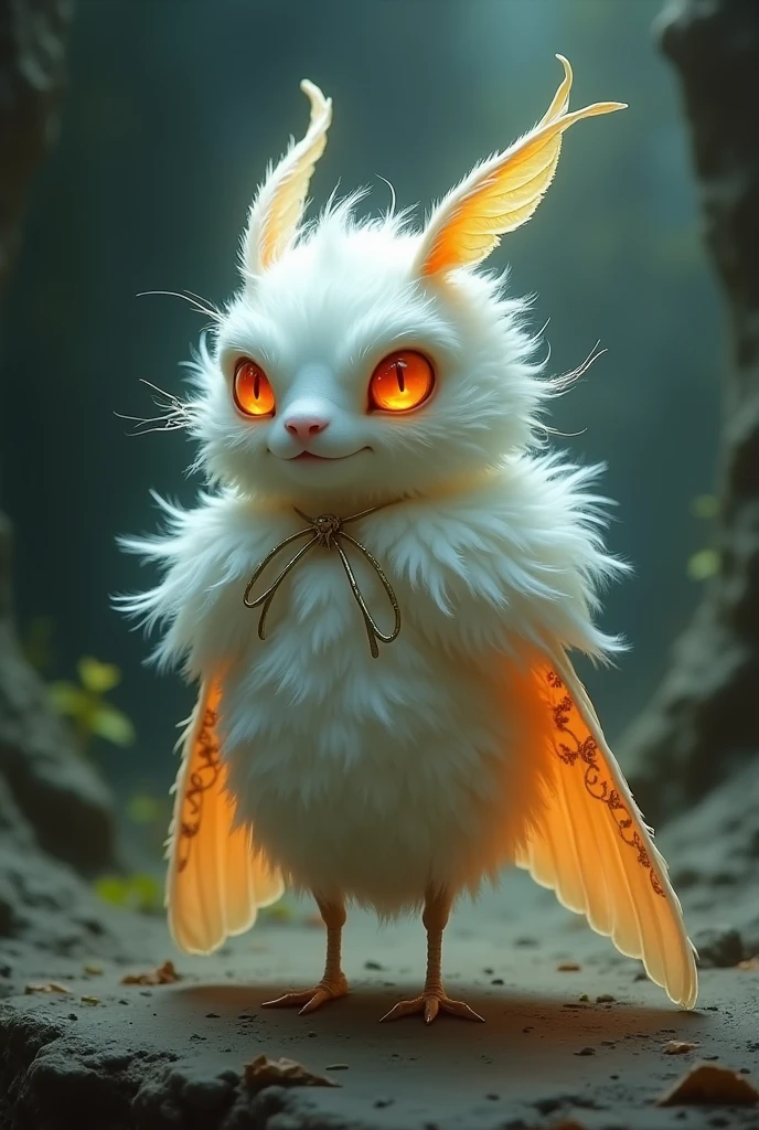 I want you to create a character for me that has the characteristics of the style of a video game called Hollow Knight that adopts a drawing style influenced by Tim Burton with the following words:
It is a moth that was a small creature shaped like a cocoon instead of a head..., covered with hairy feathers of a bright white color. His eyes had an orange glow that reflected like flashes of light., While his little sideburns and thin legs gave him an adorable appearance.. A faint aura of light enveloped him as if he were a faint cloud....
Who was wearing a cape??,The cape has a striking and unique appearance.. Made of feathers and essence., The cloak was woven with skill and precision...The colors and designs of the cape reflected the very essence of The Flash.., as well as the soft and smooth texture of its feathers.. Wrapping the wearer, The cape fit him perfectly and covered him completely..., like a second skin that protected him from darkness and infections.